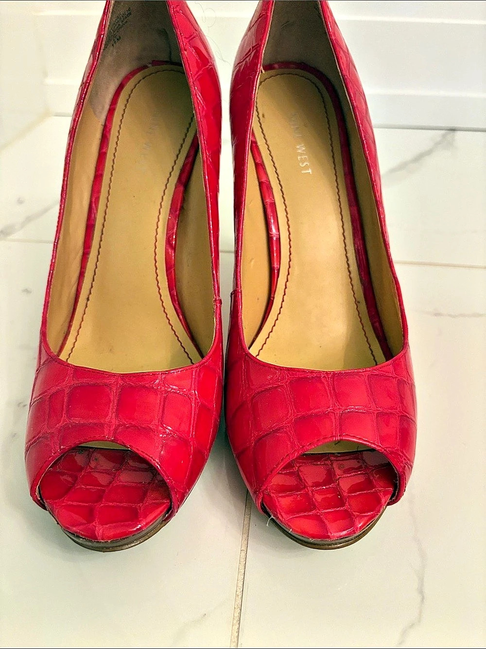 Nine West Red Crocodile-Embossed Peep-Toe Heels
